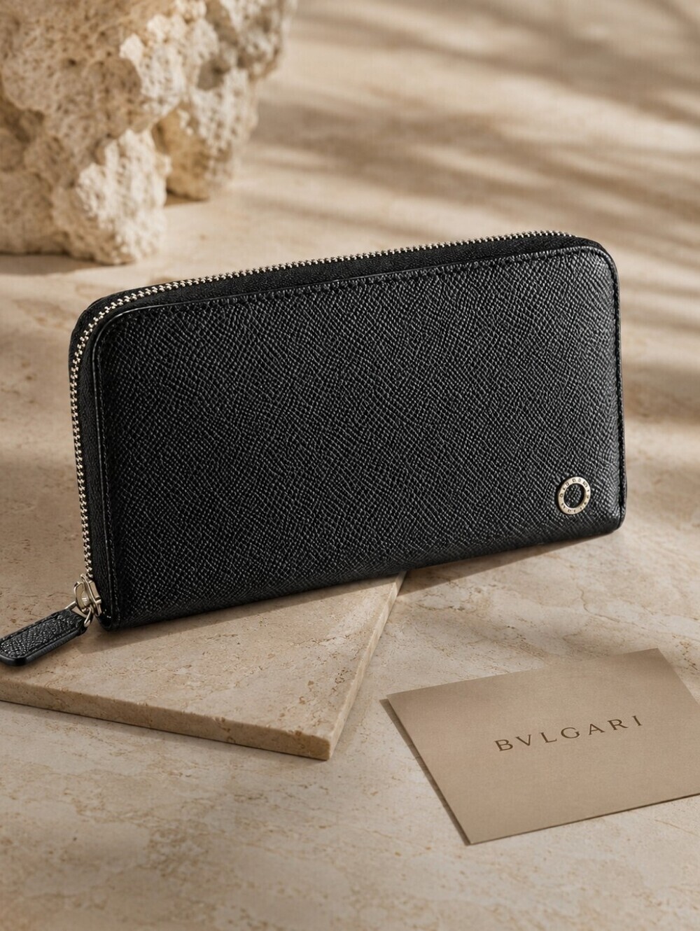 Bvlgari Zip Around Leather Wallet-Black